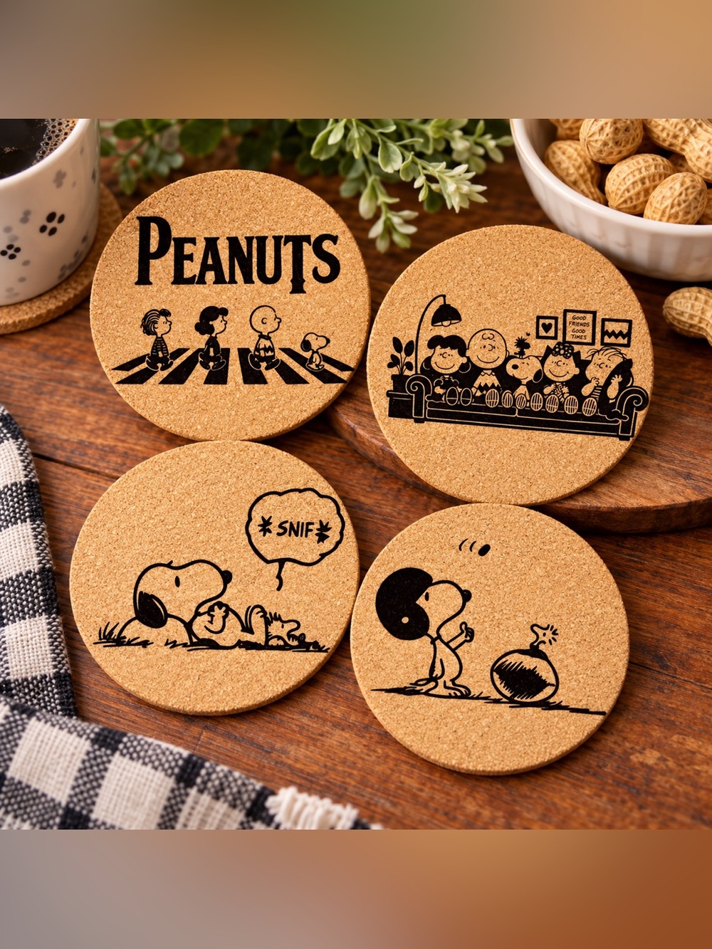 Peanuts Cork Coasters Set - Natural Brown